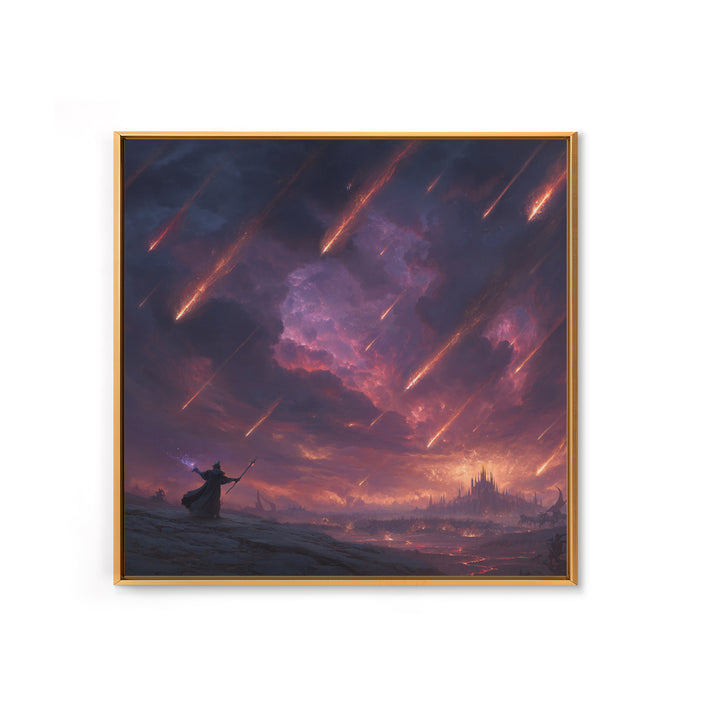Meteor Storm Wizard Fantasy Wall Art, Dark Castle Canvas Print, Apocalyptic Sky, Gothic Gaming Room Decor, Unique Gift For Him