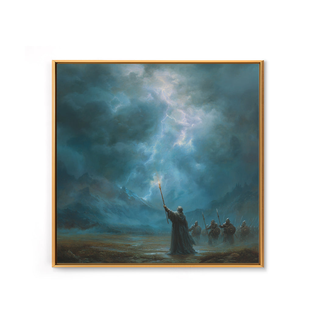 Storm Wizard Raising Lightning Wall Art, Epic Fantasy Canvas Print, Blue Mountain Battle Scene, Dark Academia Office Decor