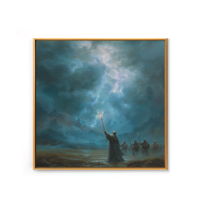 Storm Wizard Raising Lightning Wall Art, Epic Fantasy Canvas Print, Blue Mountain Battle Scene, Dark Academia Office Decor