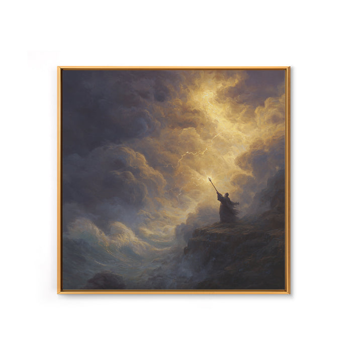 Golden Lightning Wizard Seascape Wall Art, Stormy Ocean Framed Canvas Print, Mythological Fantasy Decor, Moody Fine Art Gift