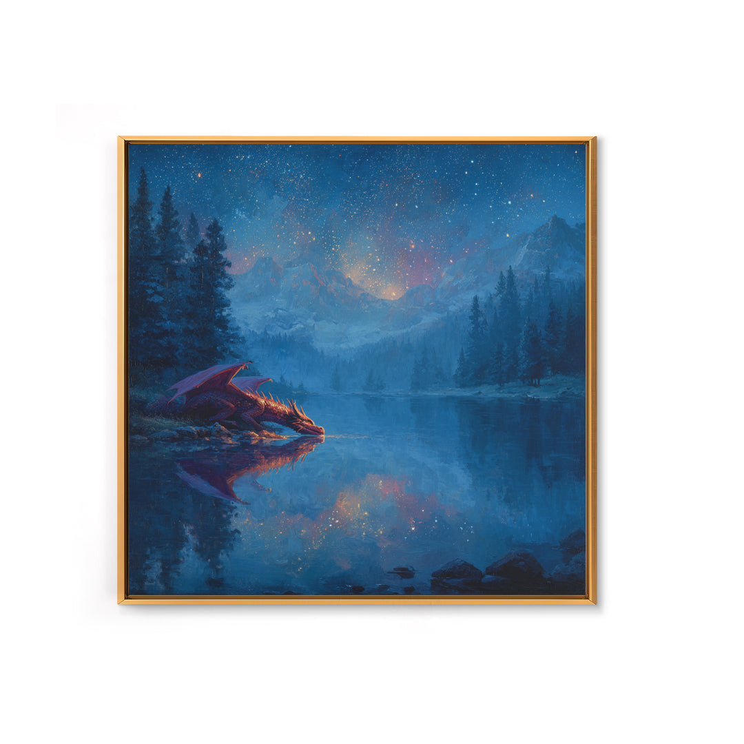 Starlit Dragon Lake Fantasy Wall Art, Blue Mountain Canvas Print, Celestial Nursery Decor, Magical Kids Room Art Gift For Dragon Lovers
