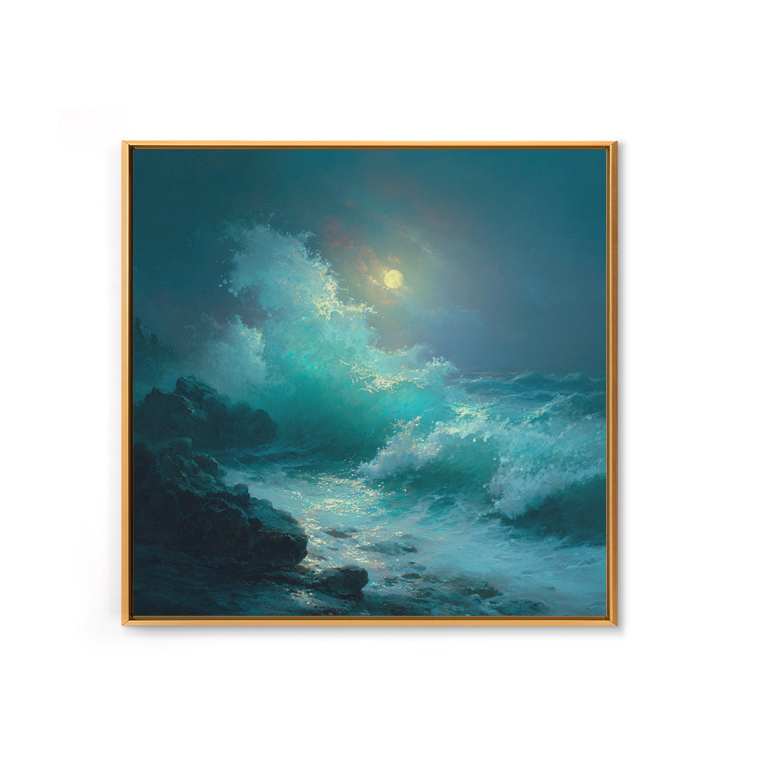 Moonlit Turquoise Wave Seascape Wall Art, Ocean Canvas Print, Coastal Bathroom Decor, Nautical Living Room Art Gift For Beach House