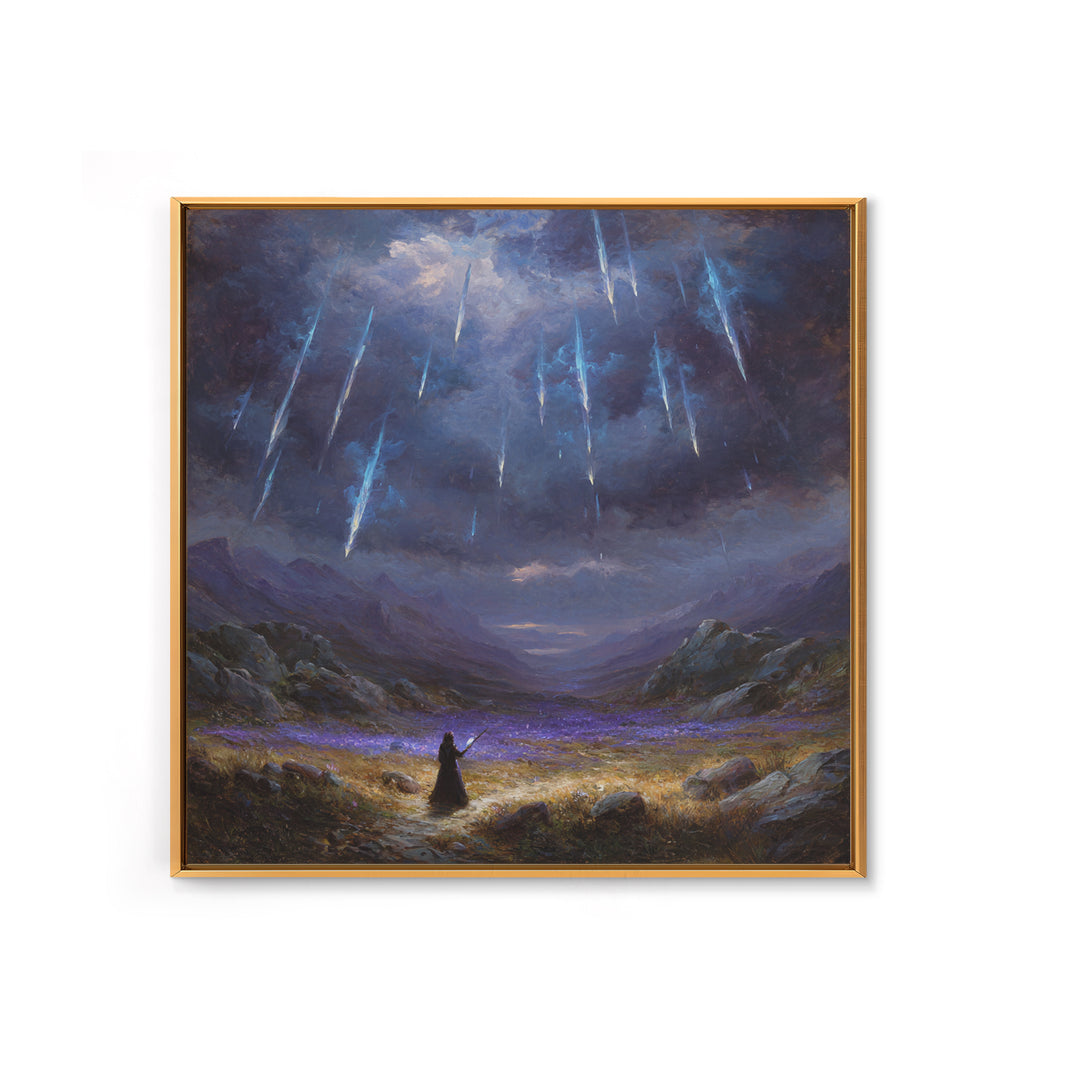 Icy Meteor Valley Wizard Wall Art, Dark Fantasy Framed Canvas Print, Mountain Landscape Decor, Gothic Office Art Gift For Him