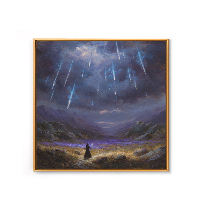 Icy Meteor Valley Wizard Wall Art, Dark Fantasy Framed Canvas Print, Mountain Landscape Decor, Gothic Office Art Gift For Him
