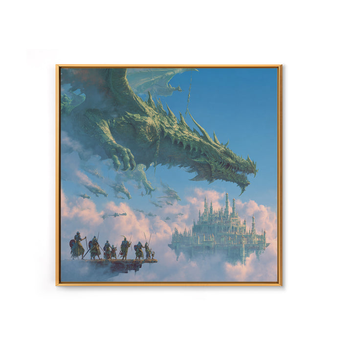 Giant Dragon Over Sky Castle Wall Art, Epic Fantasy Canvas Print, Floating Kingdom Decor, Gaming Room Statement Artwork Gift