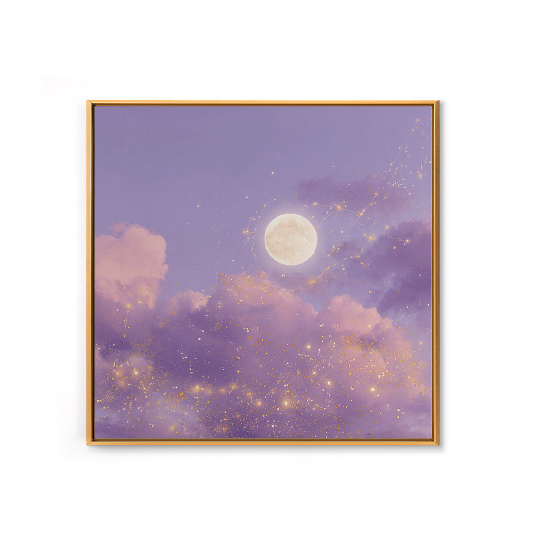 Full Moon With Golden Constellations Wall Art, Celestial Canvas Print, Purple Cloud Decor, Mystical Bedroom Gift For Her