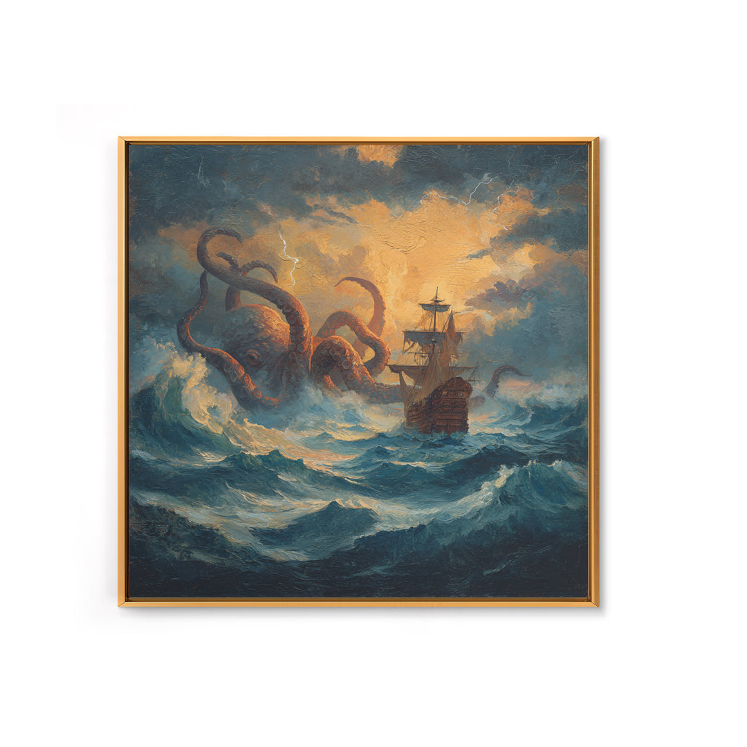 Storm Kraken And Tall Ship In Tempest Seas Canvas Print, Nautical Fantasy Wall Art, Ocean Monster Decor, Gift For Him, Coastal Home Decor