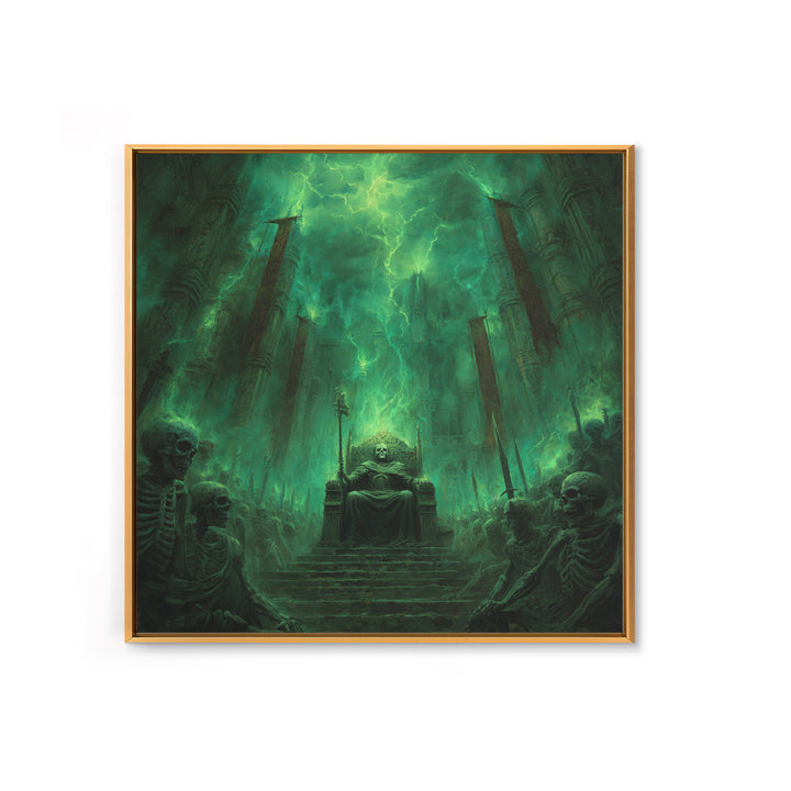 Emerald Necromancer Throne With Skeleton Army Framed Canvas Print, Gothic Wall Art, Dark Fantasy Decor, Occult Office Art