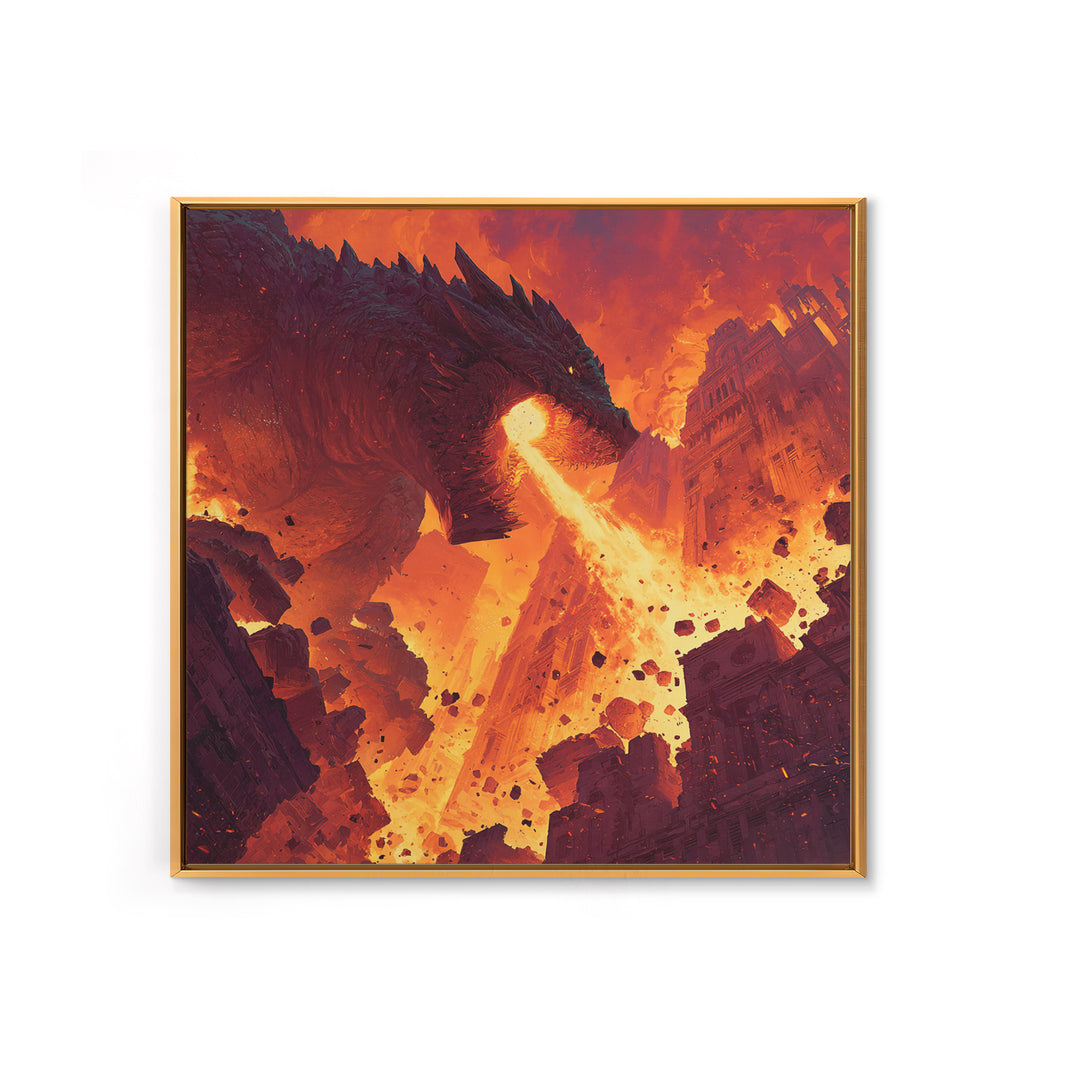 Fire Breathing Dragon Over Ruined City Canvas Print, Epic Fantasy Wall Art, Dystopian Decor, Gaming Room Statement Art, Gift For Him