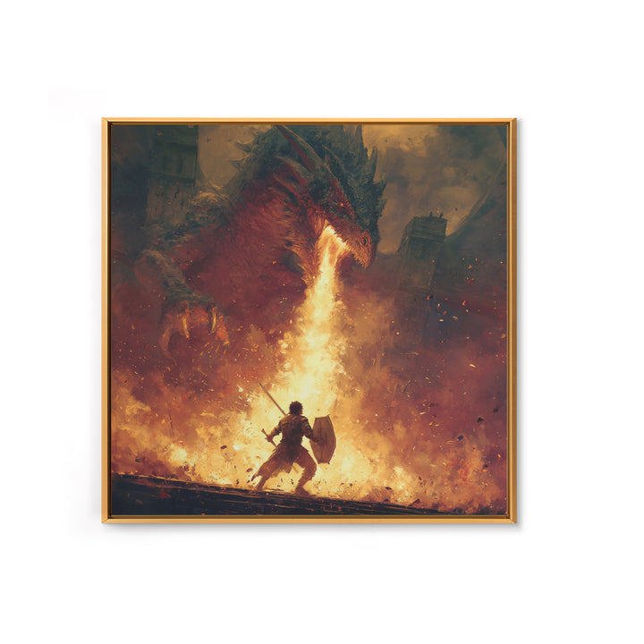 Warrior Facing Fire Breathing Dragon Framed Canvas Print, Epic Fantasy Wall Art, Hero Battle Decor, Gaming Room Gift For Him, Large Art