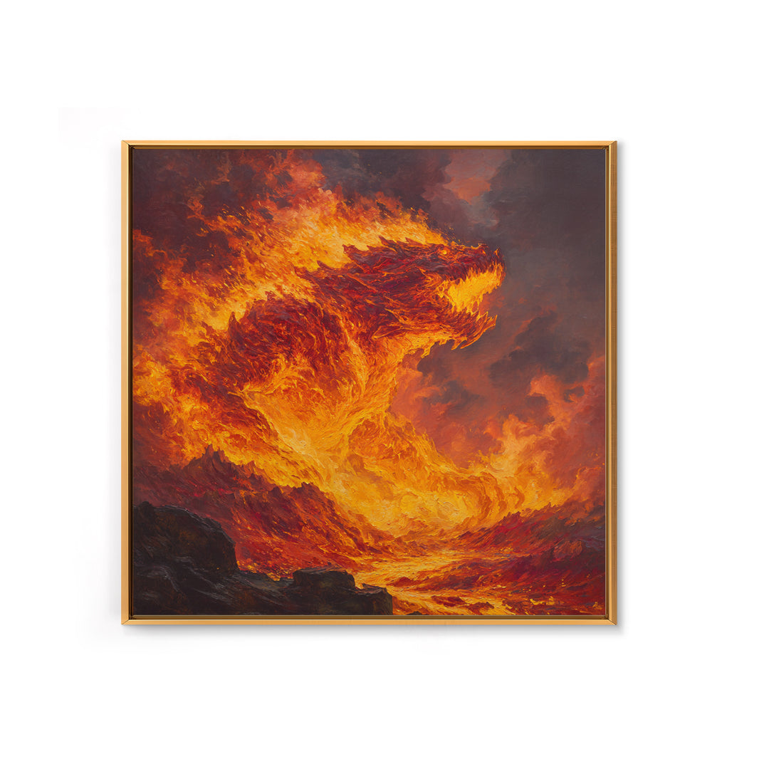 Blazing Fire Dragon Rising From Lava Canvas Print, Fantasy Wall Art, Orange Statement Artwork, Dark Fantasy Home Decor, Gift For Him
