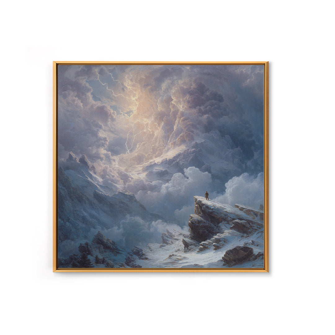 Lone Explorer On Snowy Mountain Storm Canvas Print, Winter Landscape Wall Art, Moody Nature Decor, Adventure Gift For Him
