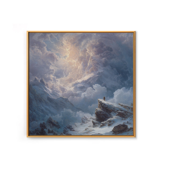 Lone Explorer On Snowy Mountain Storm Canvas Print, Winter Landscape Wall Art, Moody Nature Decor, Adventure Gift For Him
