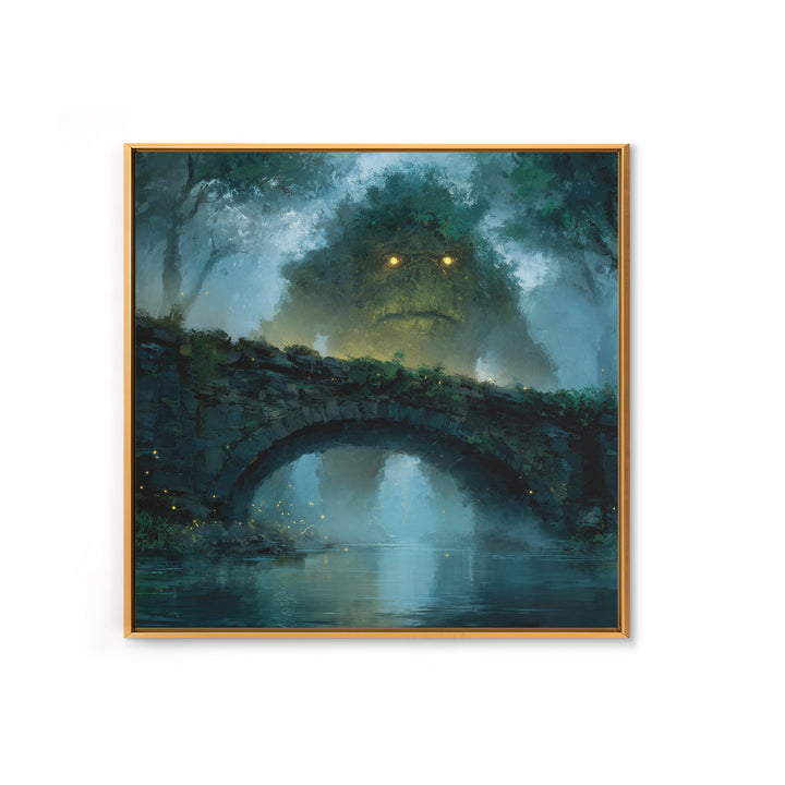Mossy Forest Giant Above Stone Bridge Framed Canvas Print, Whimsical Fantasy Wall Art, Nature Decor, Cozy Gift For Her, Woodland Home Decor