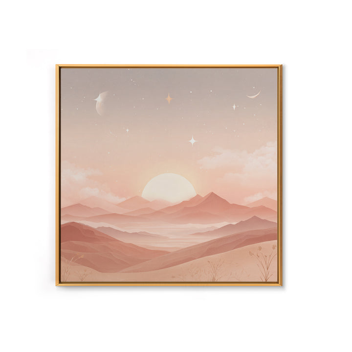 Peach Sunrise Mountains With Moon And Stars Wall Art, Minimalist Landscape Print, Celestial Nursery Decor, Above Bed Art