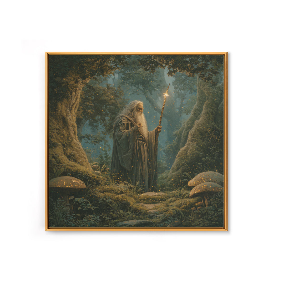 Ancient Wizard With Glowing Staff Framed Canvas Print, Fantasy Wall Art, Enchanted Forest Home Decor, Dark Academia Gift