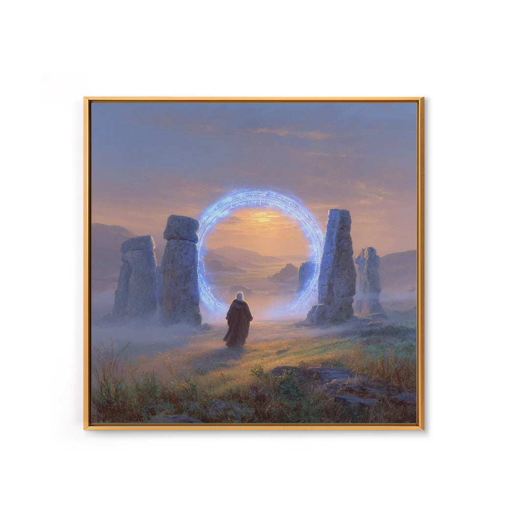 Glowing Rune Portal Between Ancient Stones Canvas Print, Fantasy Landscape Wall Art, Mystical Home Decor, Magic Gateway Art