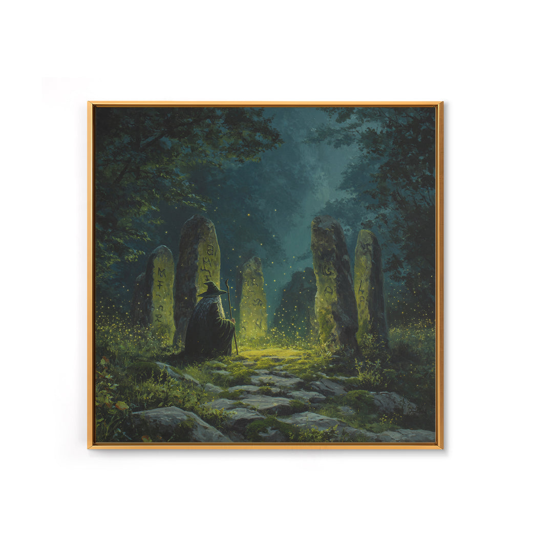 Dark Witch At Ancient Rune Stones Wall Art, Gothic Fantasy Canvas Print, Mystical Forest Decor, Dark Academia Poster Gift