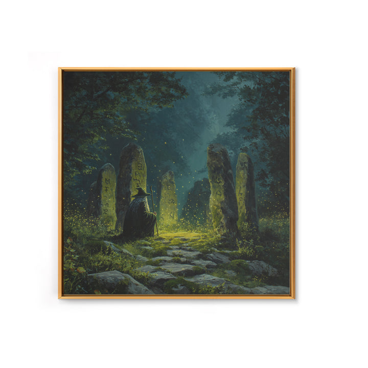 Dark Witch At Ancient Rune Stones Wall Art, Gothic Fantasy Canvas Print, Mystical Forest Decor, Dark Academia Poster Gift