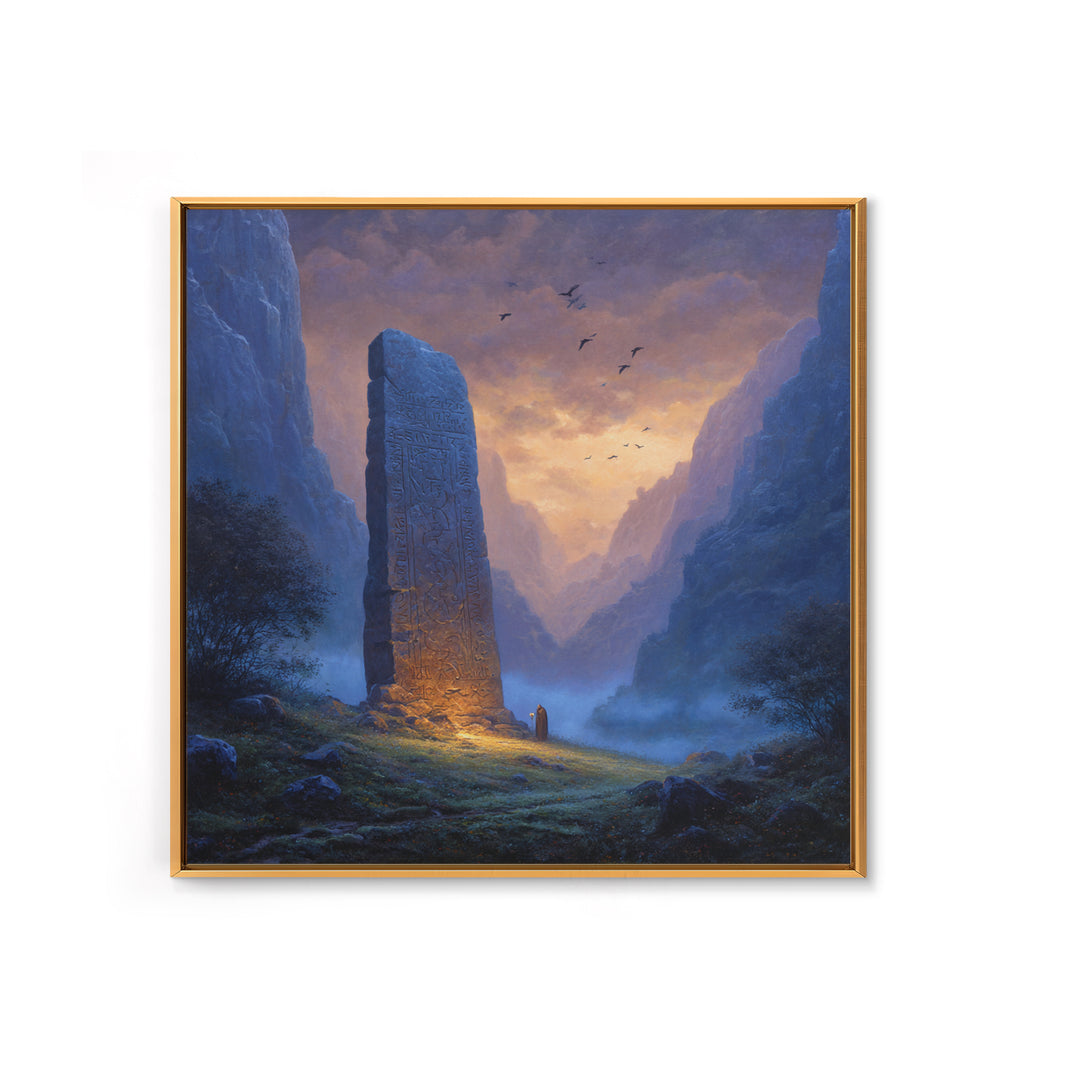Carved Rune Monolith In Misty Mountain Valley Wall Art, Fantasy Landscape Canvas Print, Mystical Ancient Stone Home Decor