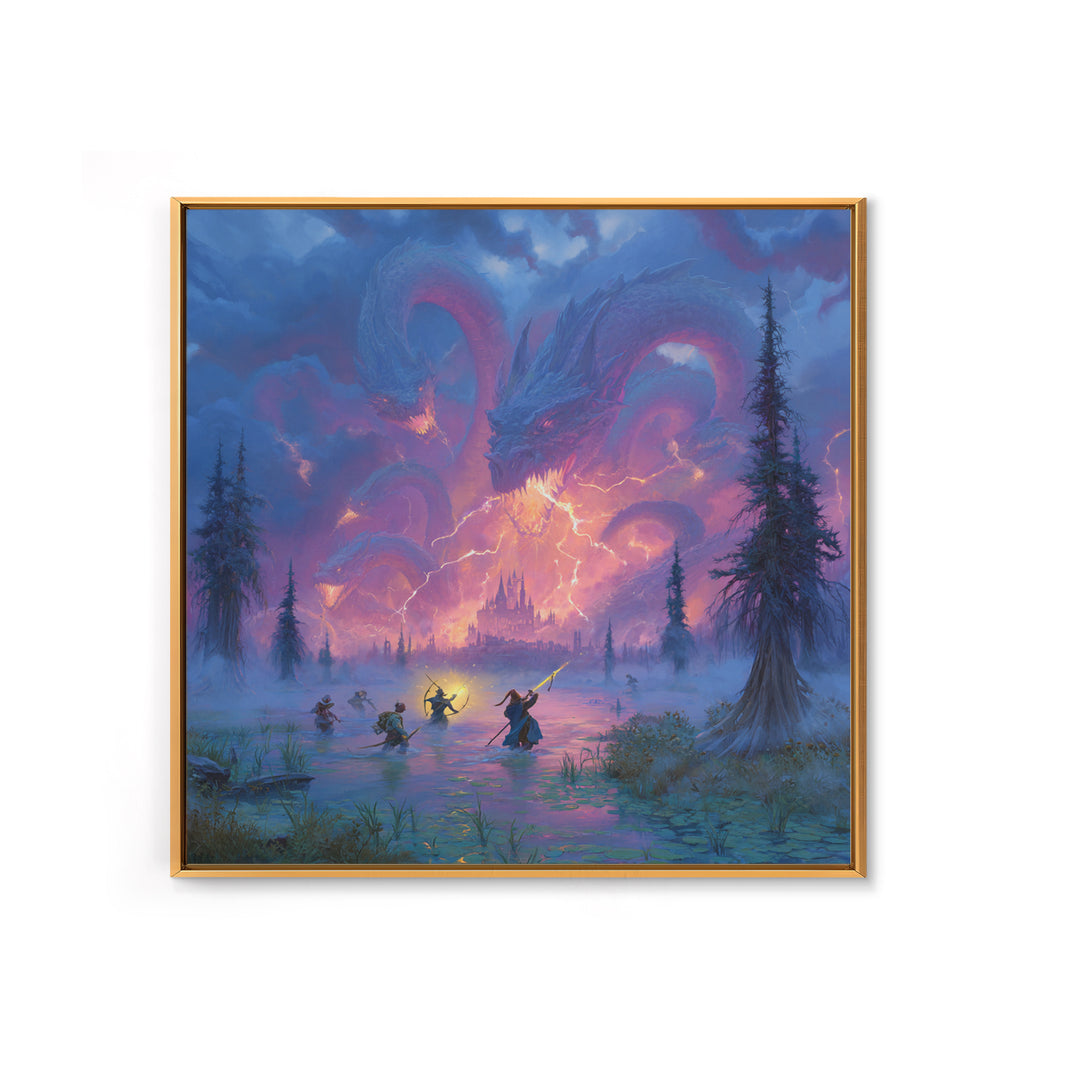 Epic Blue Dragon Battle Over Misty Castle Canvas Print, Fantasy Wall Art, Dungeons And Dragons Decor, Gamer Room Decor Gift