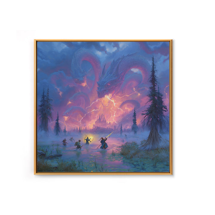 Epic Blue Dragon Battle Over Misty Castle Canvas Print, Fantasy Wall Art, Dungeons And Dragons Decor, Gamer Room Decor Gift