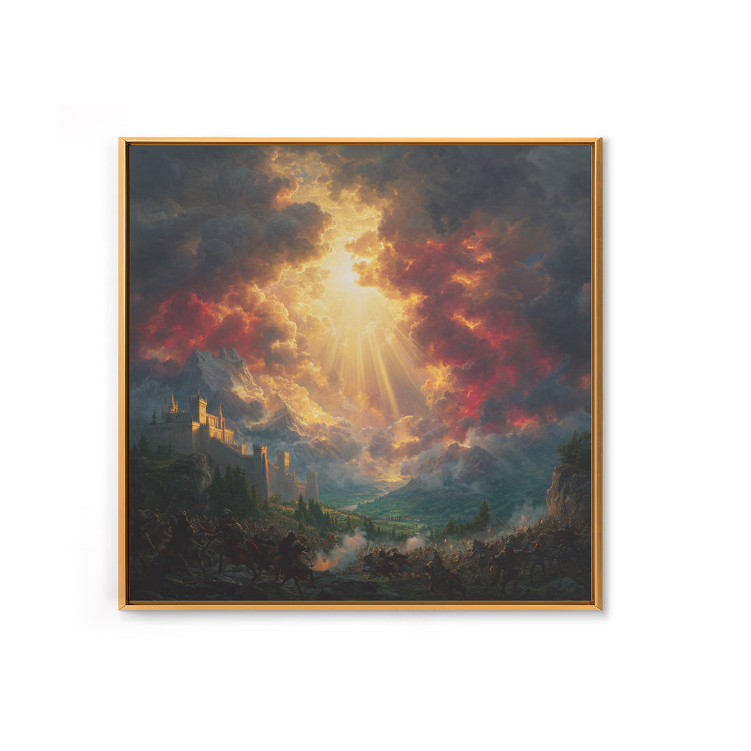 Heavenly Light Over Castle And Mountain Battlefield Wall Art, Epic Fantasy Canvas Print, Dramatic Landscape Home Decor Gift
