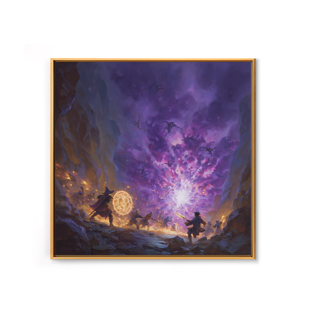 Wizard Party Fighting Purple Demon Portal Wall Art, Dark Fantasy Canvas Print, Dungeons And Dragons Game Room Decor Gift