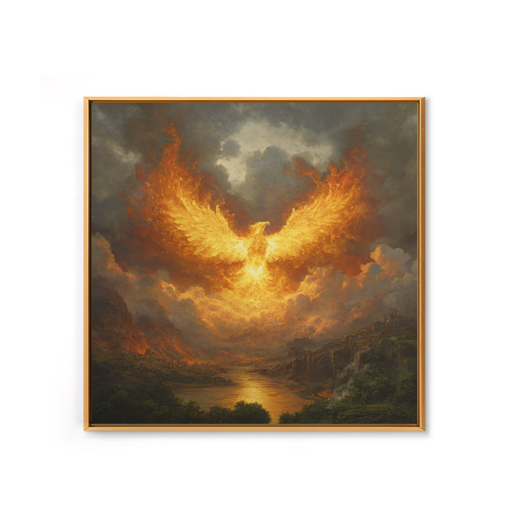 Fiery Phoenix Rising Above Stormy Valley Wall Art, Mythical Fantasy Canvas Print, Dramatic Firebird Epic Home Decor Gift