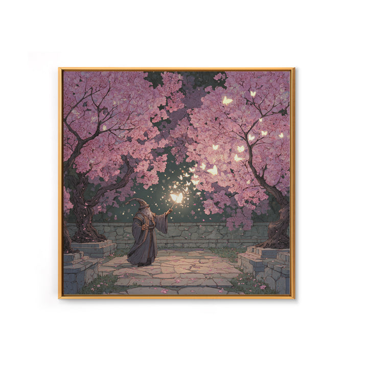 Wizard Casting Light Beneath Cherry Blossoms Canvas Print, Fantasy Wall Art, Pink Floral Magical Garden Home Decor, Unique Gift