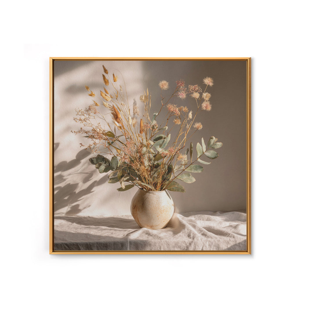 Sunlit Dried Eucalyptus Vase Wall Art, Neutral Botanical Canvas Print, Japandi Home Decor, Minimalist Bedroom Decor Gift For Her