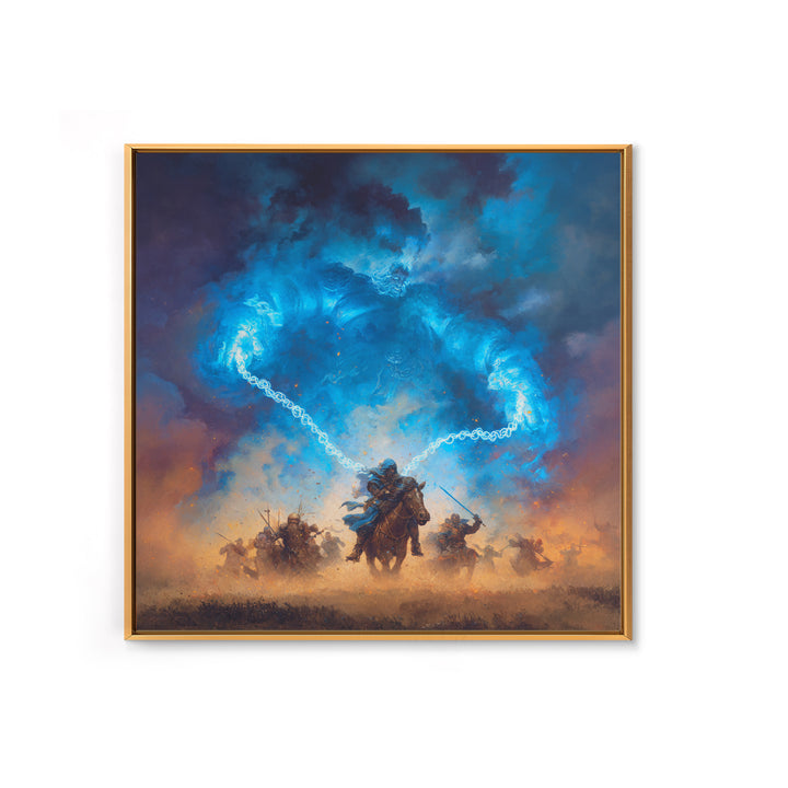 Blue Storm Giant Battle Wall Art, Epic Fantasy Canvas Print, Dark Wizard Decor, Medieval Warrior Gift, Moody Game Room Art