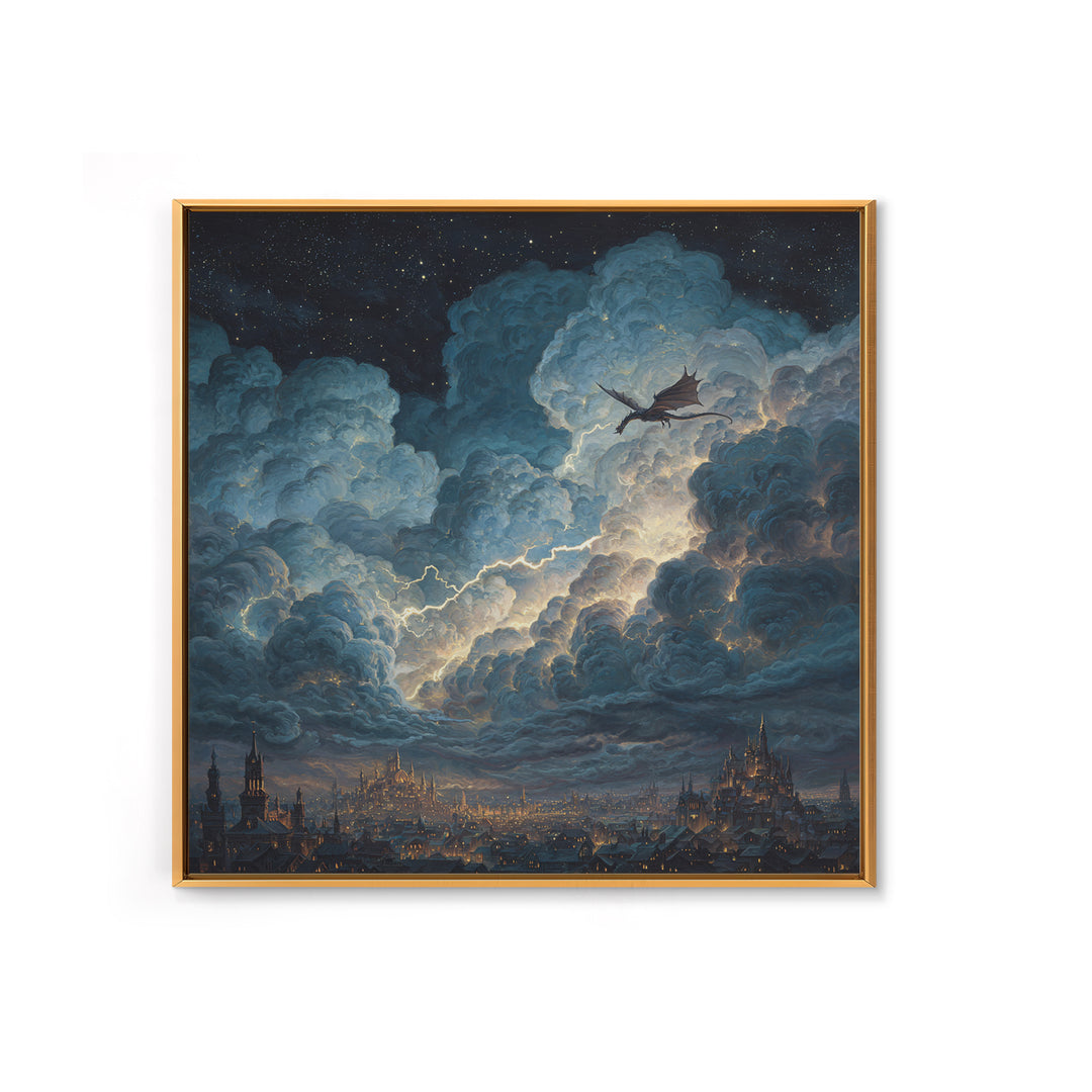 Night Dragon Storm Cloud Wall Art, Fantasy City Canvas Print, Gothic Castle Decor, Moody Sky Art, Gift For Dragon Lovers