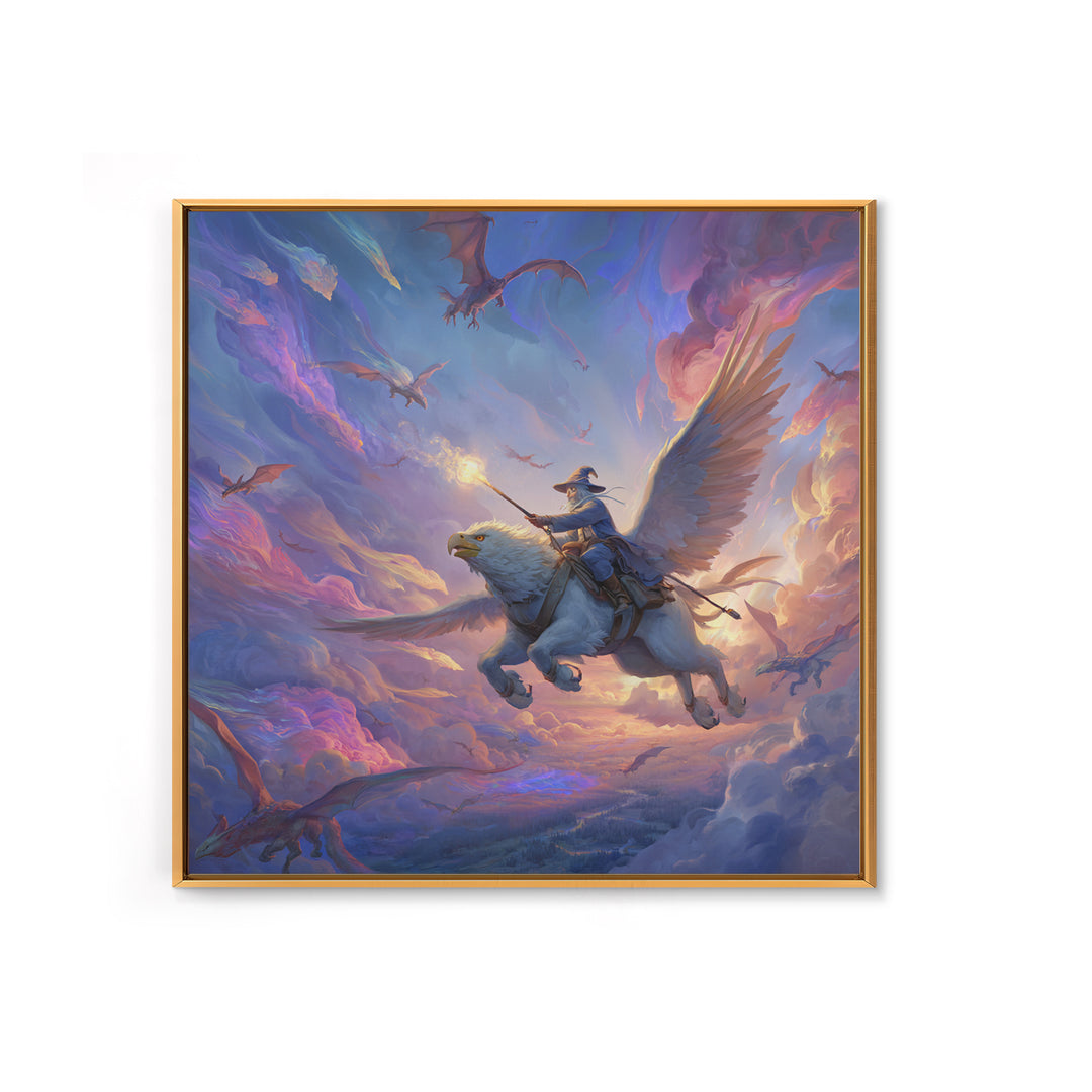Griffin Rider Sky Battle Wall Art, Whimsical Fantasy Canvas Print, Pastel Dragon Decor, Magical Nursery Or Game Room Art
