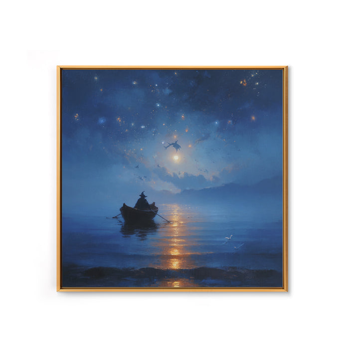 Moonlit Wizard Boat Wall Art, Blue Fantasy Seascape Canvas Print, Celestial Ocean Decor, Dreamy Bedroom Or Office Art Gift