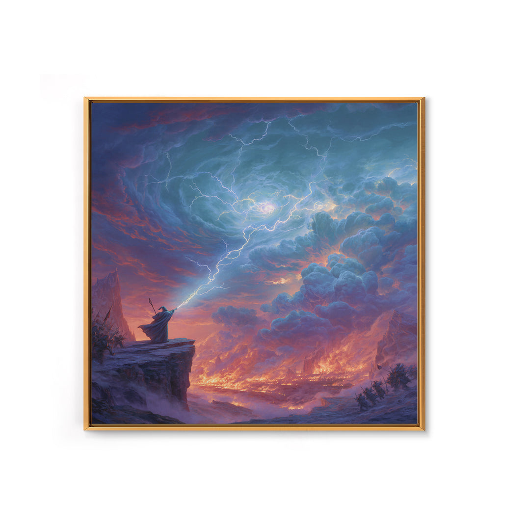 Lightning Wizard Cliff Wall Art, Epic Fantasy Storm Canvas Print, Dramatic Mountain Decor, Dark Magic Gift For Game Room