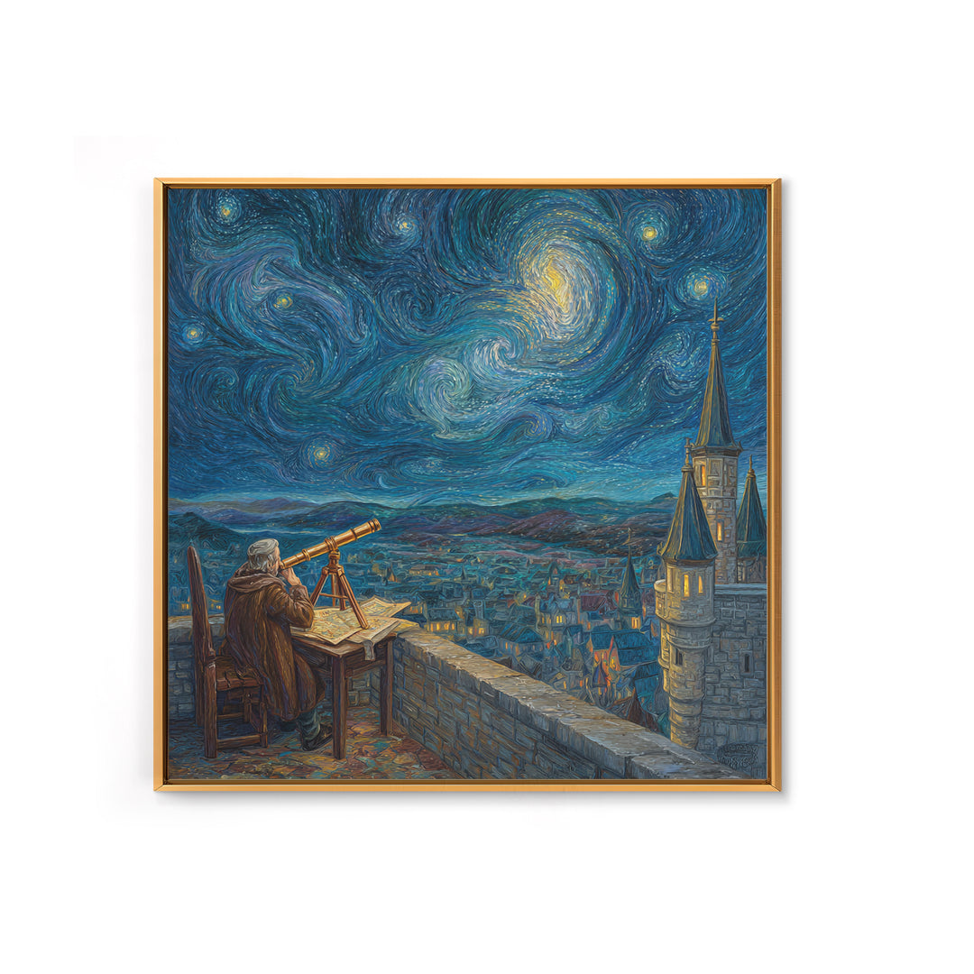 Starry Astronomer Tower Wall Art, Van Gogh Style Canvas Print, Celestial Medieval City Decor, Astronomy Gift For Office Decor