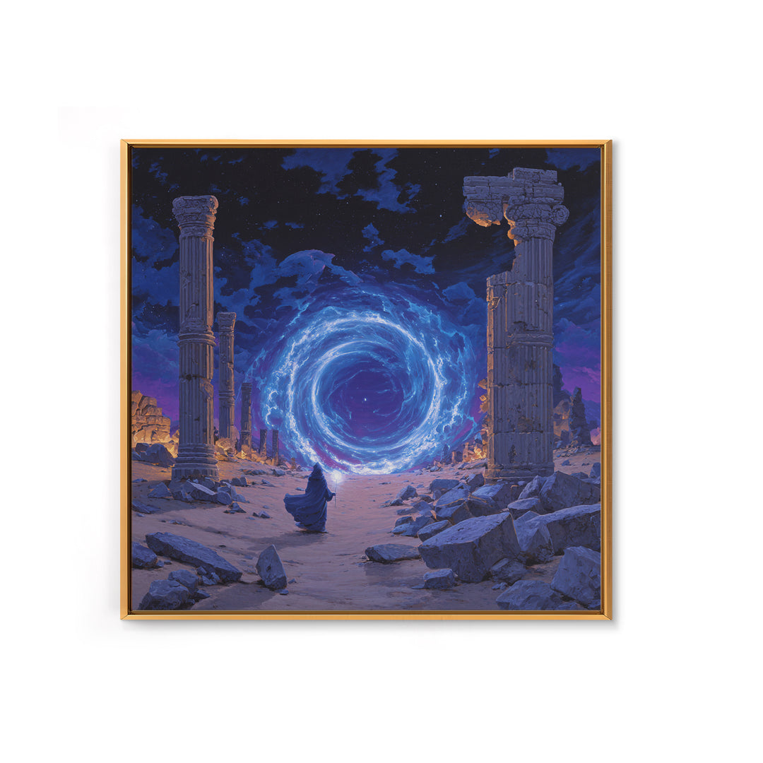 Ancient Ruins Magic Portal Wall Art, Blue Fantasy Canvas Print, Mystical Wizard Decor, Surreal Game Room Or Home Office Gift