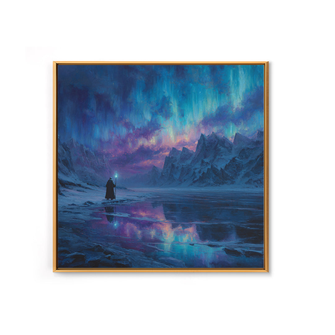 Aurora Mountain Wizard Wall Art, Frozen Fantasy Landscape Canvas Print, Northern Lights Decor, Moody Bedroom Or Office Gift