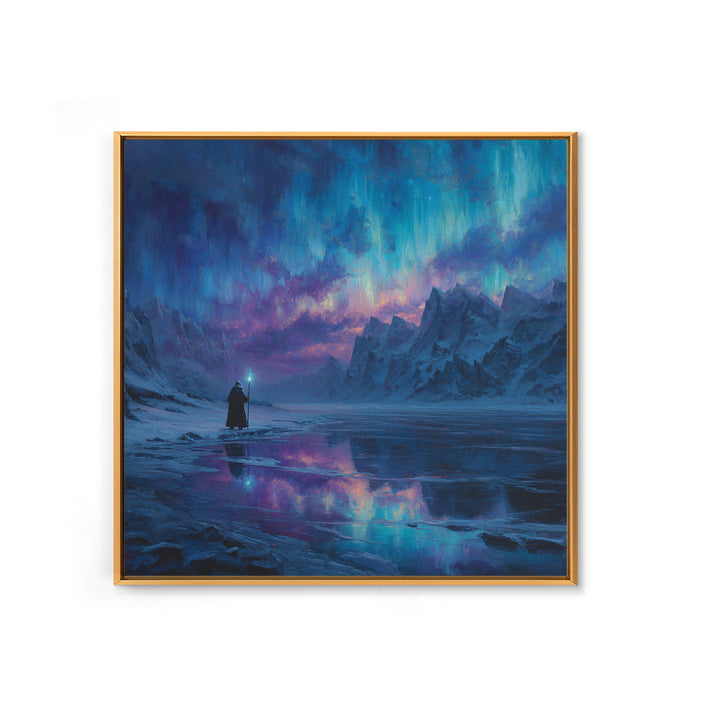 Aurora Mountain Wizard Wall Art, Frozen Fantasy Landscape Canvas Print, Northern Lights Decor, Moody Bedroom Or Office Gift