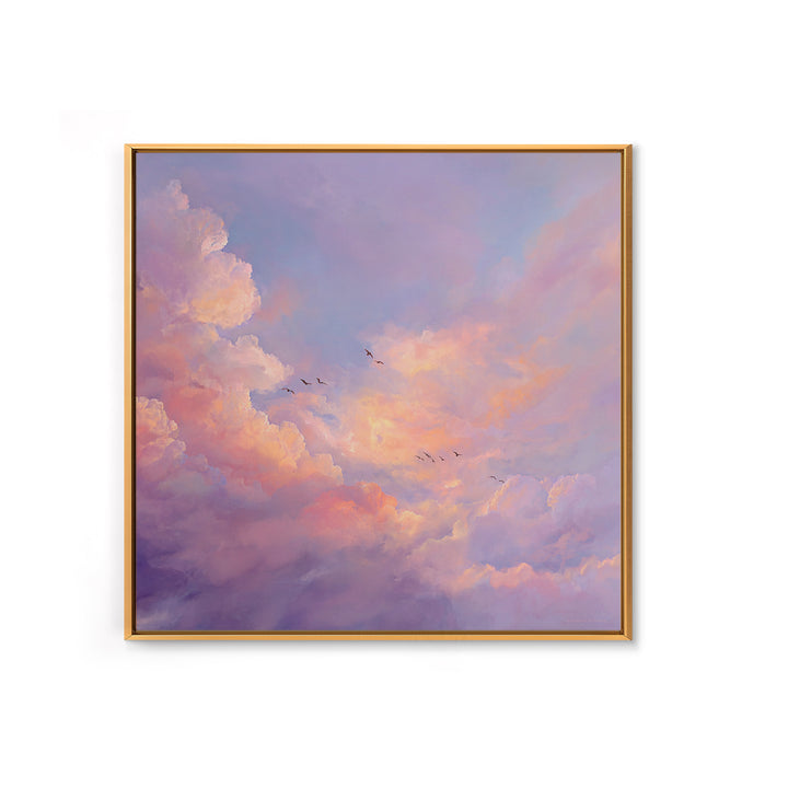 Blush Pink Cloudscape With Birds Framed Canvas Print, Pastel Sky Wall Art For Nursery Decor And Calming Bedroom Decor Gift