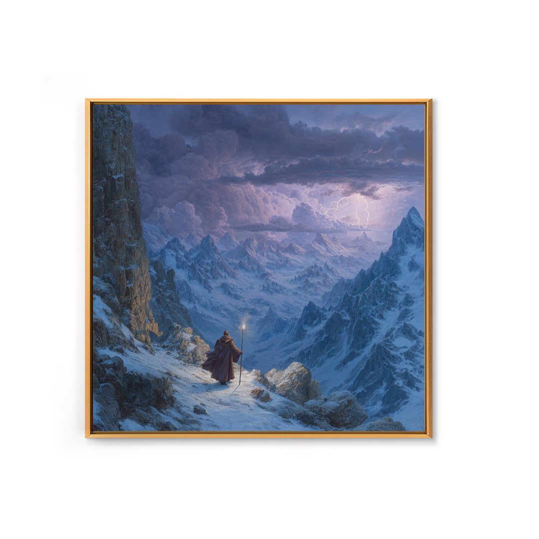 Wizard On Stormy Mountain Pass Wall Art, Fantasy Landscape Painting, Moody Alpine Adventure Decor, Large Living Room Art