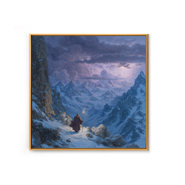 Wizard On Stormy Mountain Pass Wall Art, Fantasy Landscape Painting, Moody Alpine Adventure Decor, Large Living Room Art