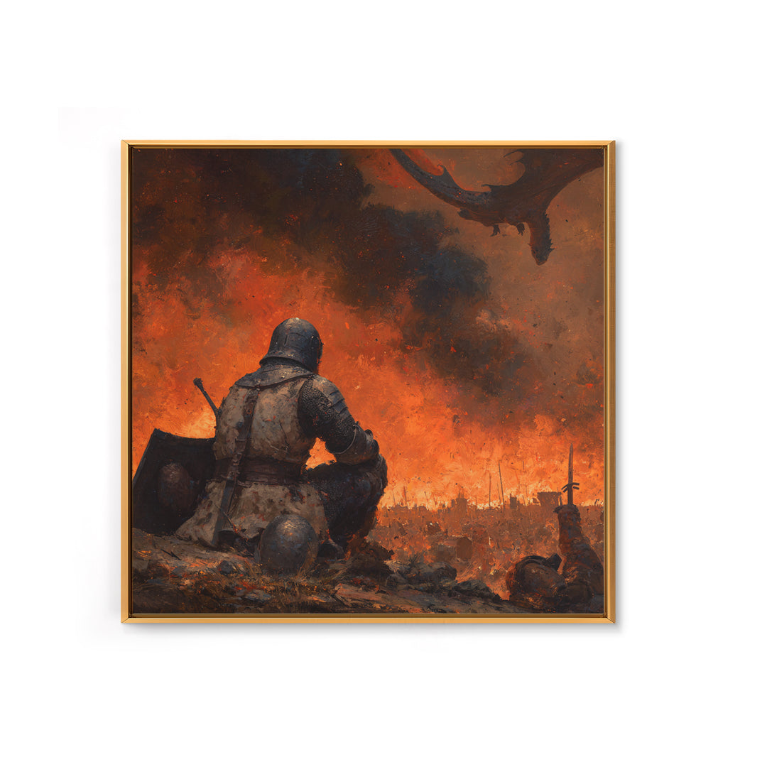 Kneeling Knight Before Dragon Canvas Print, Dark Fantasy Battle Painting, Medieval Warrior Wall Decor, Gothic Adventure Gift For Him