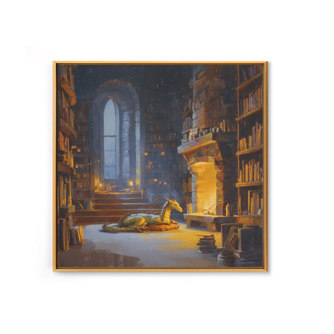 Sleeping Dragon In Magical Library Framed Canvas Print, Fantasy Bookish Wall Art, Cozy Reading Nook Decor Gift For Readers