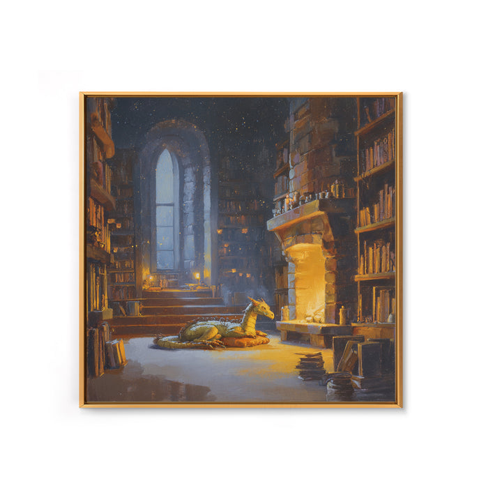 Sleeping Dragon In Magical Library Framed Canvas Print, Fantasy Bookish Wall Art, Cozy Reading Nook Decor Gift For Readers