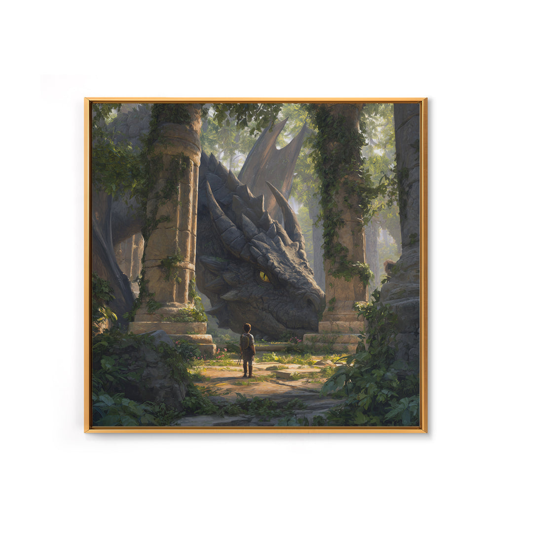 Giant Dragon In Overgrown Ruins Canvas Print, Fantasy Adventure Wall Art, Mythical Creature Decor, Kids Room Decor Gift Idea