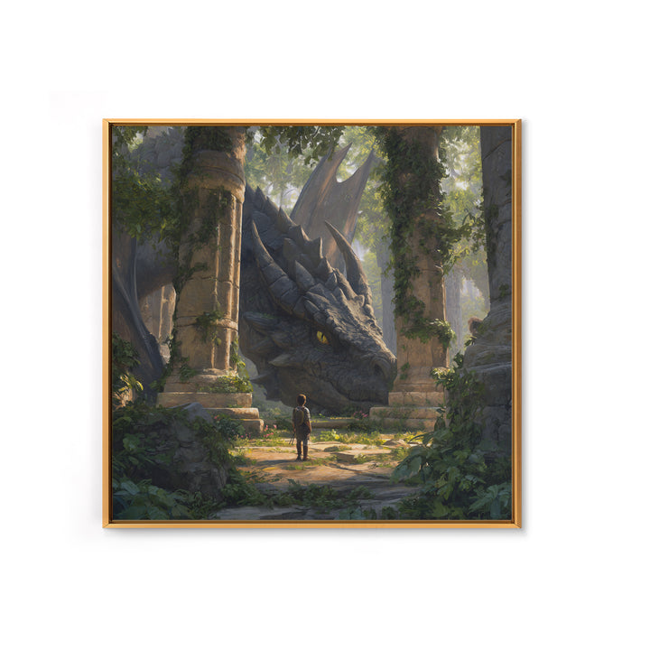 Giant Dragon In Overgrown Ruins Canvas Print, Fantasy Adventure Wall Art, Mythical Creature Decor, Kids Room Decor Gift Idea