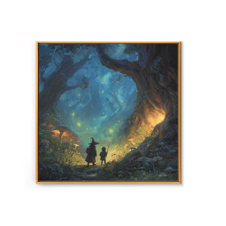 Wizard And Child In Enchanted Forest Wall Art, Whimsical Fantasy Painting, Mushroom Woodland Decor, Magical Kids Room Art