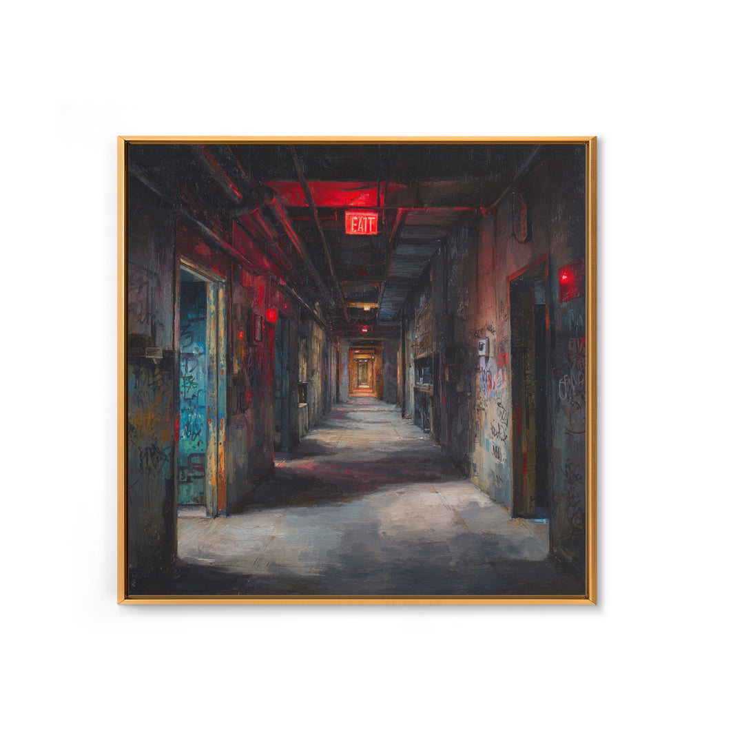 Dark Abandoned Corridor Wall Art, Moody Urban Exploration Painting, Industrial Gothic Decor, Graffiti Hallway Office Art